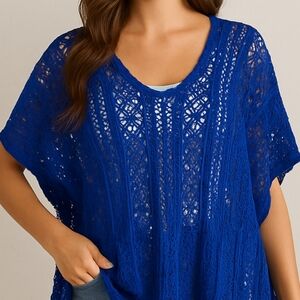 Royal Blue Crochet Swim Cover Up Boho Tassel Kaftan One Size